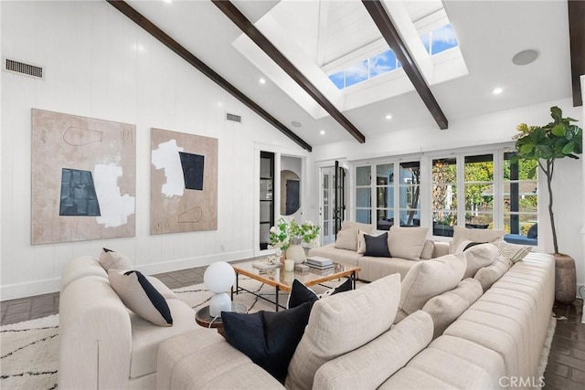 14115 Greenleaf St, Sherman Oaks, CA 91423 - living room with a skylight, beam ceiling, high vaulted ceiling, baseboards, and recessed lighting
