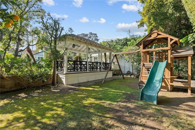 14115 Greenleaf St, Sherman Oaks, CA 91423 - view of jungle gym with a yard, a gazebo, and a ceiling fan