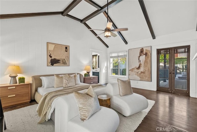 bedroom featuring high vaulted ceiling, access to outside, dark wood-type flooring, beam ceiling, and french doors