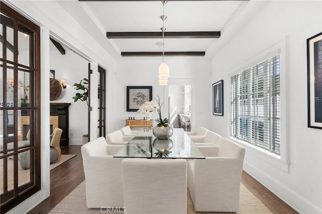 dining room featuring beam ceiling and dark wood-type flooring