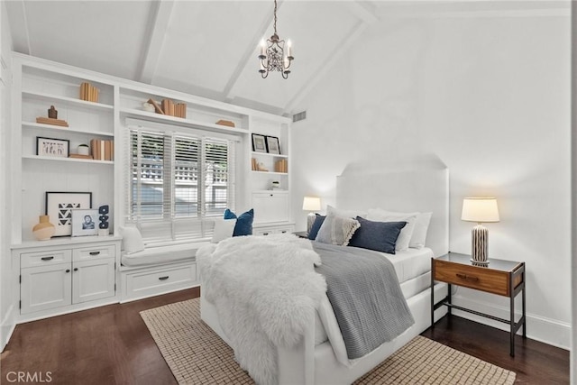 bedroom with an inviting chandelier, dark wood-type flooring, and lofted ceiling with beams