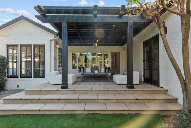 rear view of property featuring french doors, an outdoor hangout area, and a pergola