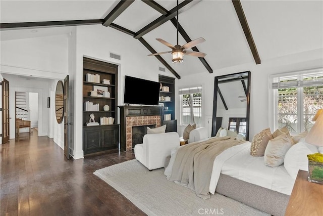 14115 Greenleaf St, Sherman Oaks, CA 91423 - bedroom with a brick fireplace, multiple windows, beam ceiling, wood finished floors, and high vaulted ceiling