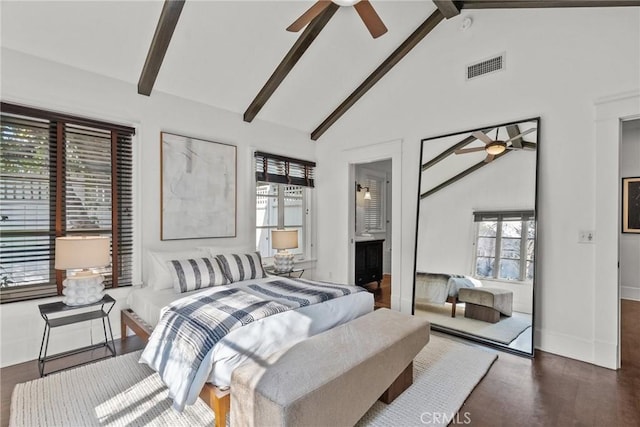 bedroom featuring ceiling fan, dark wood-type flooring, high vaulted ceiling, and beamed ceiling