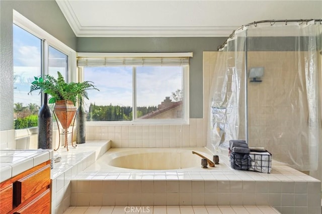 bathroom featuring curtained shower, crown molding, vanity, and a bathing tub