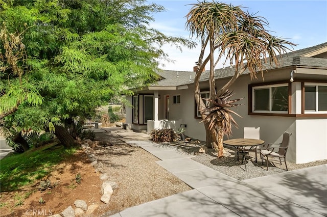 rear view of house with a shingled roof, a patio, and stucco siding