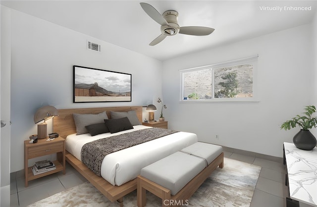 bedroom with visible vents, ceiling fan, and light tile patterned flooring