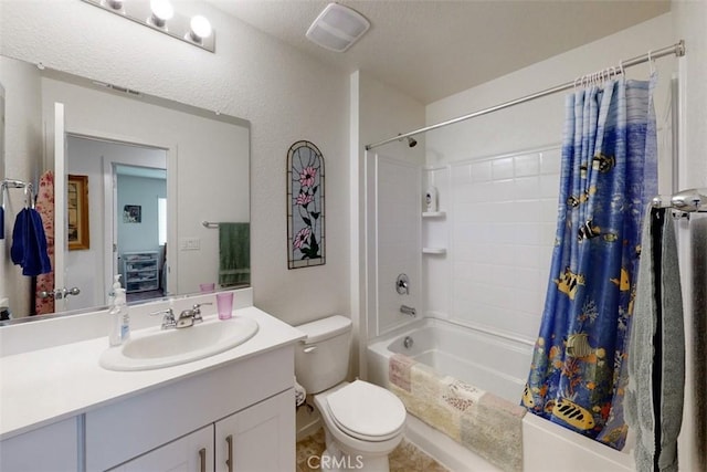 full bathroom featuring shower / bath combo, visible vents, toilet, and vanity
