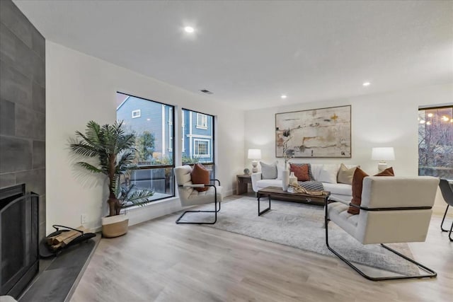 living room featuring a large fireplace and light wood-type flooring