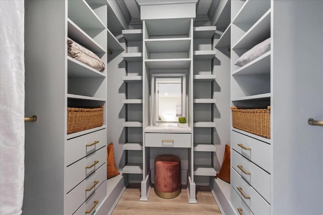 spacious closet with light hardwood / wood-style flooring