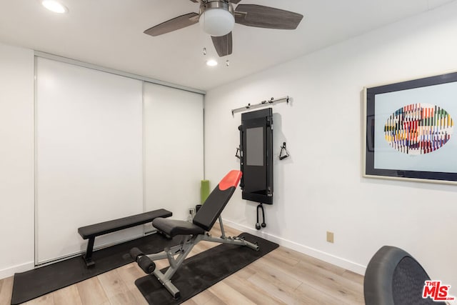 workout room featuring ceiling fan and light wood-type flooring