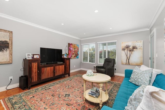 living room featuring ornamental molding and wood-type flooring