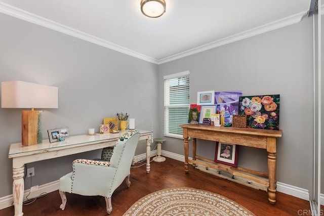 home office featuring crown molding and dark wood-type flooring