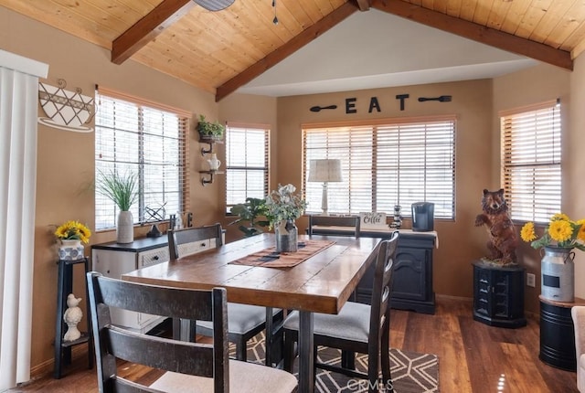 dining room with dark wood-type flooring, wooden ceiling, and vaulted ceiling with beams