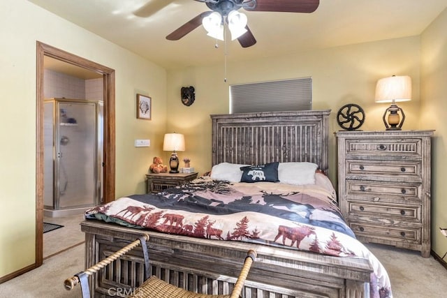 bedroom featuring ceiling fan and light colored carpet