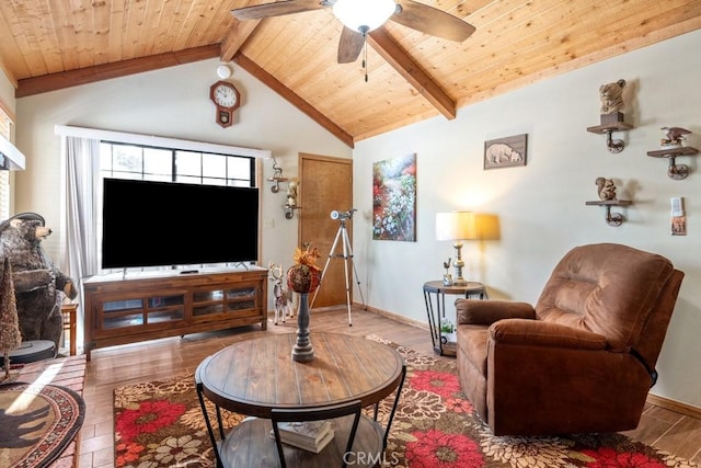 living room with ceiling fan, wood-type flooring, lofted ceiling with beams, and wooden ceiling