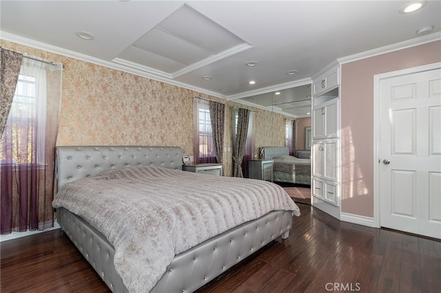 bedroom featuring crown molding, recessed lighting, wood finished floors, baseboards, and wallpapered walls