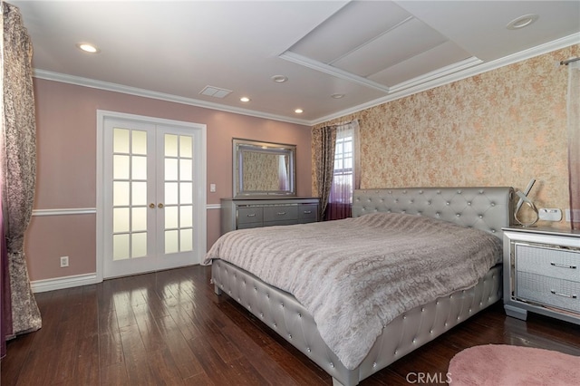 bedroom with baseboards, ornamental molding, french doors, wood-type flooring, and wallpapered walls