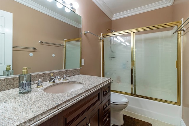 full bath with toilet, shower / bath combination with glass door, crown molding, and vanity