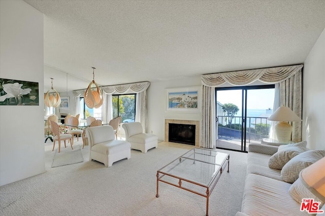 carpeted living room with a textured ceiling