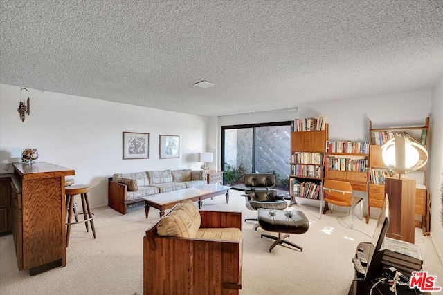 carpeted living room with a textured ceiling