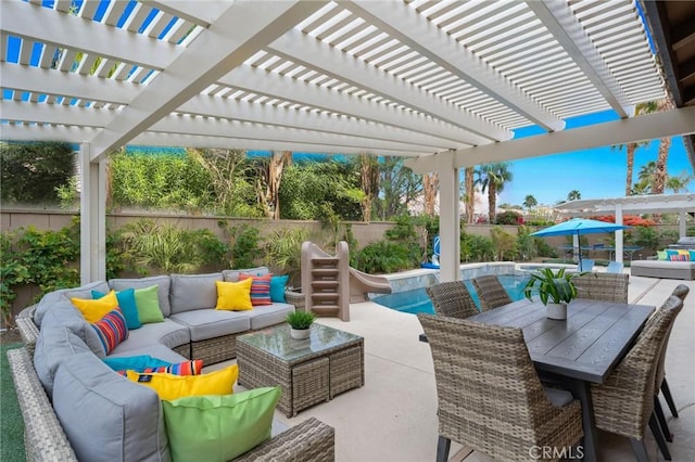 view of patio featuring an outdoor living space and a pergola