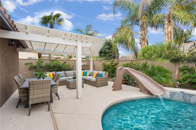 view of pool featuring a pergola, an outdoor hangout area, a patio, and a water slide