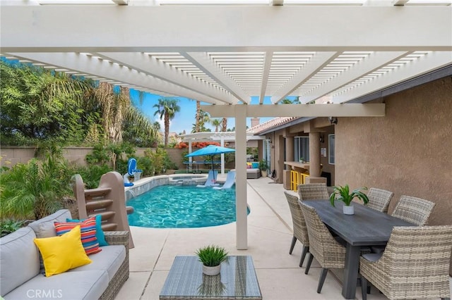 view of swimming pool with a pergola and a patio