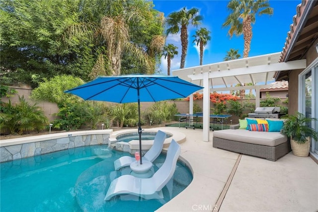 view of pool with a trampoline, a pergola, a patio, and an in ground hot tub