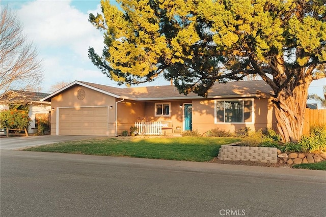 ranch-style house featuring a garage and a front yard