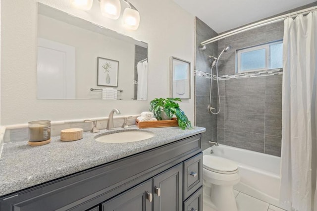 full bathroom with vanity, tile patterned flooring, toilet, and shower / bathtub combination with curtain