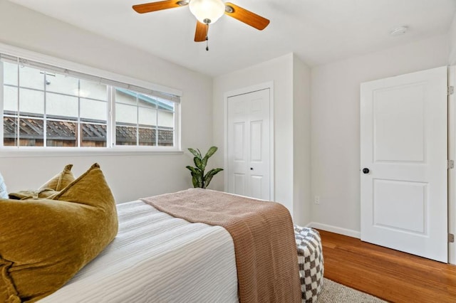 bedroom featuring wood-type flooring, a closet, and ceiling fan