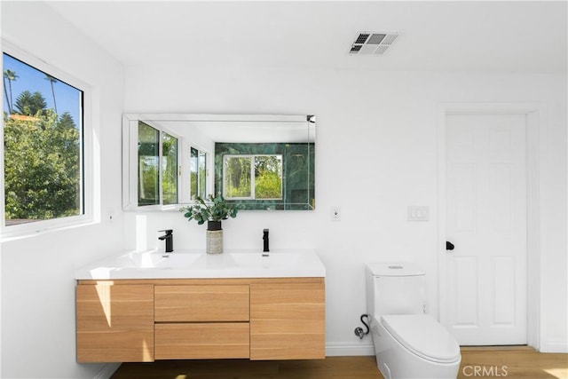 bathroom with vanity, wood-type flooring, and toilet