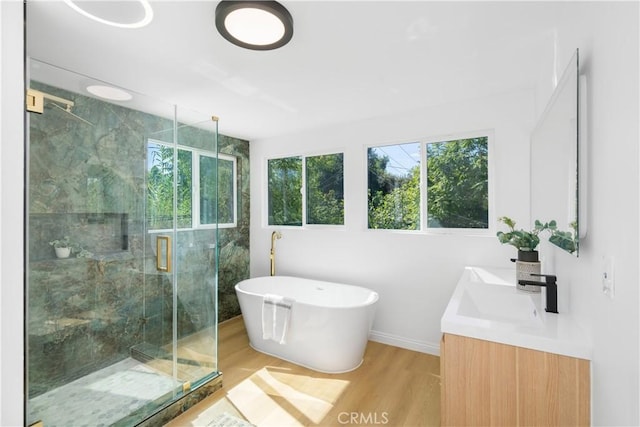 bathroom featuring vanity, hardwood / wood-style floors, and plus walk in shower