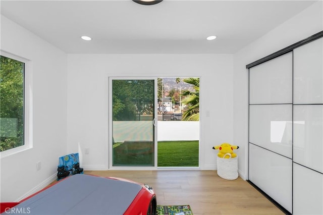 bedroom featuring multiple windows and light wood-type flooring