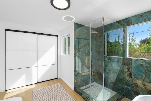 bathroom featuring hardwood / wood-style floors and a shower with shower door