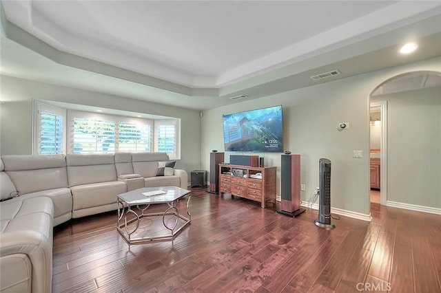 living room featuring dark wood-type flooring and a raised ceiling