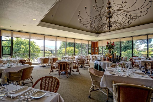 carpeted dining room with a wealth of natural light, a textured ceiling, a wall of windows, and a tray ceiling