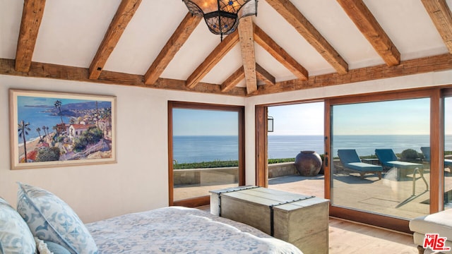 bedroom featuring a water view, vaulted ceiling with beams, access to exterior, and light wood-type flooring