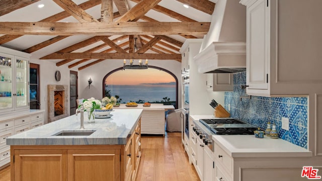 kitchen with an island with sink and white cabinets