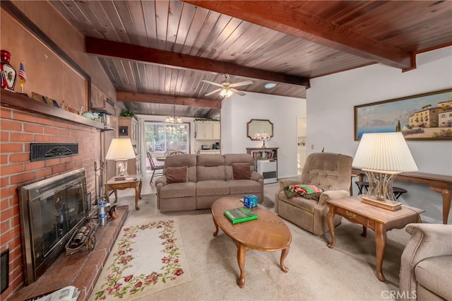 living room featuring a brick fireplace, wooden ceiling, beamed ceiling, and ceiling fan