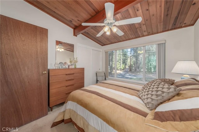 bedroom featuring ceiling fan, vaulted ceiling with beams, carpet, wooden ceiling, and a closet