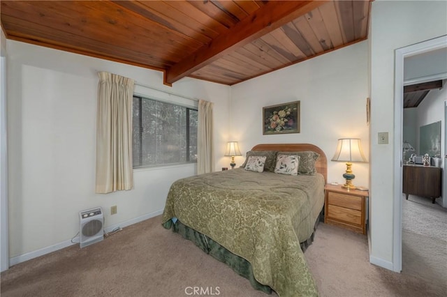 bedroom with light colored carpet, wood ceiling, and beam ceiling