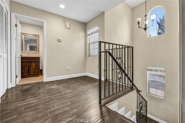 foyer entrance with dark hardwood / wood-style flooring and a notable chandelier