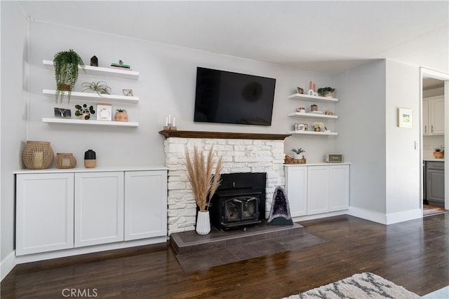 living room with a wood stove and dark hardwood / wood-style flooring