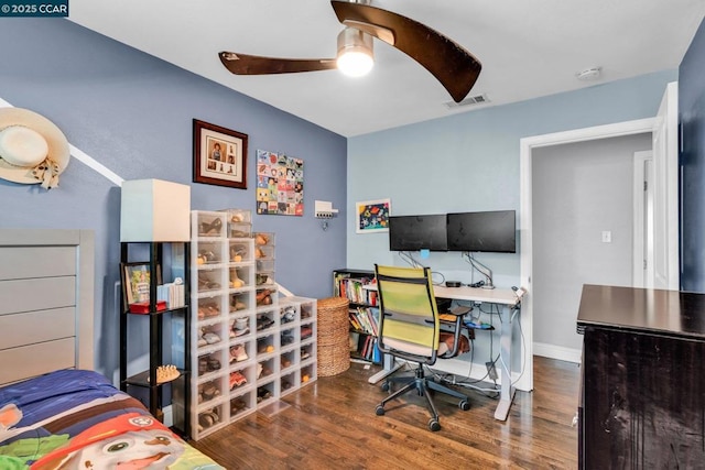 bedroom with ceiling fan and hardwood / wood-style floors