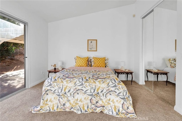 bedroom featuring access to exterior, carpet floors, and a closet