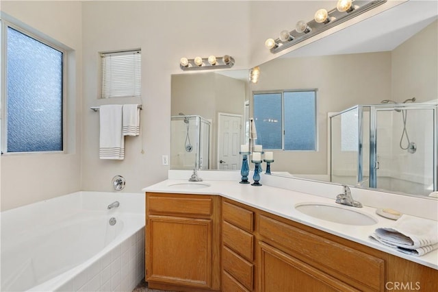 bathroom featuring vanity and separate shower and tub