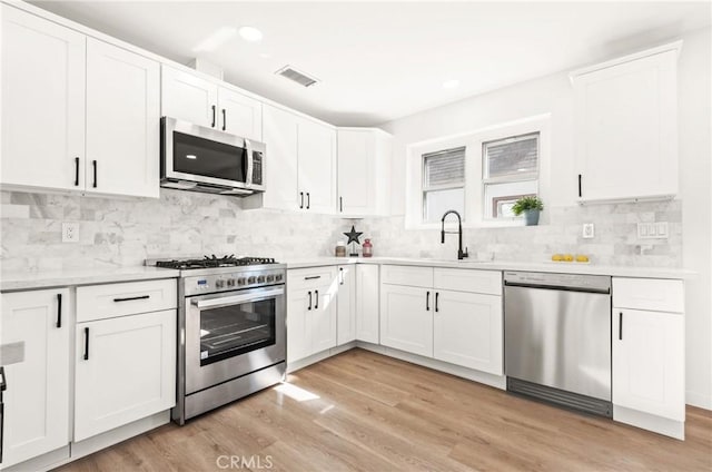 kitchen featuring appliances with stainless steel finishes, sink, white cabinets, decorative backsplash, and light hardwood / wood-style flooring