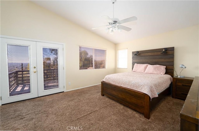 bedroom with ceiling fan, access to exterior, dark carpet, vaulted ceiling, and french doors